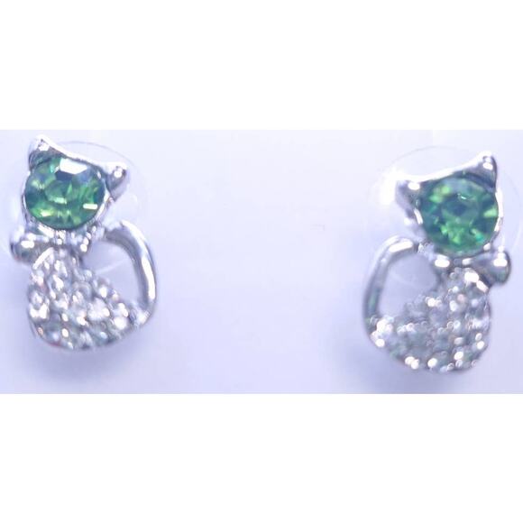 Peridot Colored Clear Crystal Sparkling Kitty Cat Feline Earrings Silver Plated - Picture 1 of 2